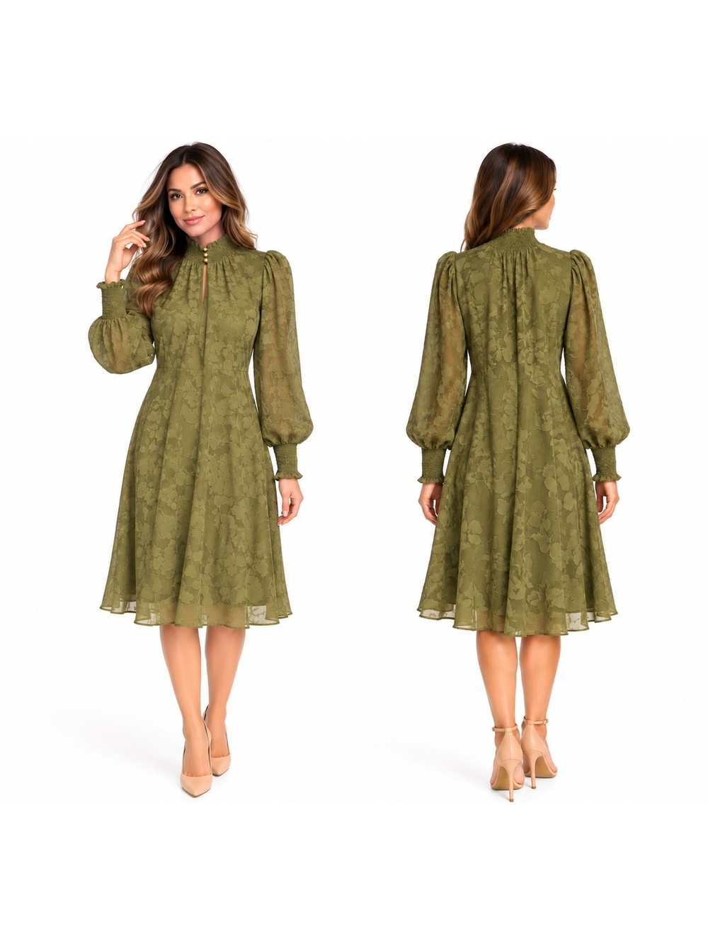 Tommy Hilfiger Olive Green Midi Dress with Puff Sleeves Size 4P